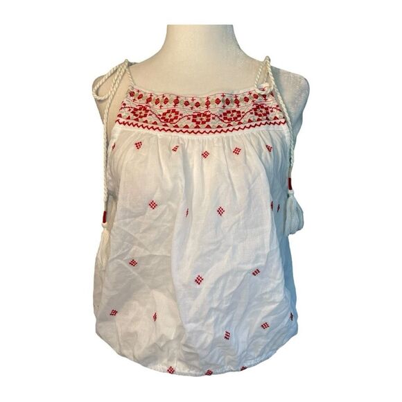 Altar'd State Shirred Tie Shoulders Top White Red Tan Pattern Sheer Cotton Crop - Picture 1 of 6